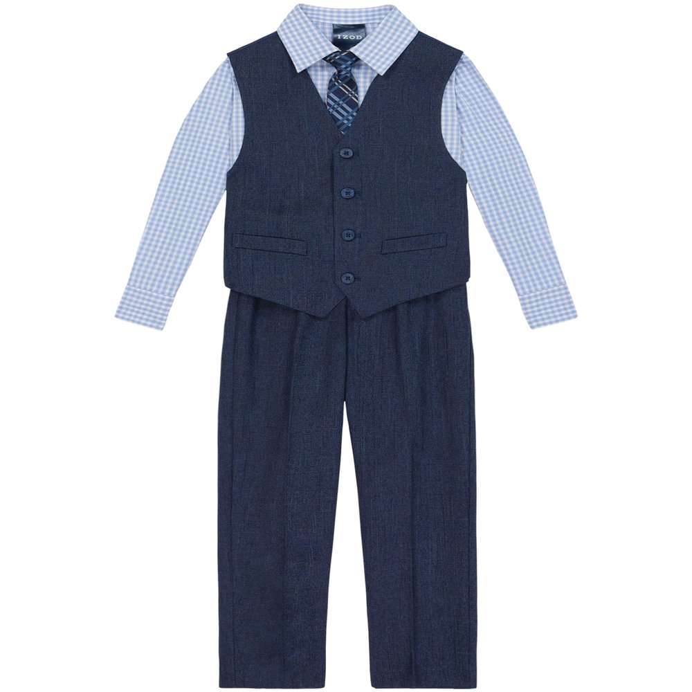 Izod Boys 4-Piece Set with Collared Dress Shirt, Tie, Vest, and Pants Business Suit, Tanzanite, 7 US