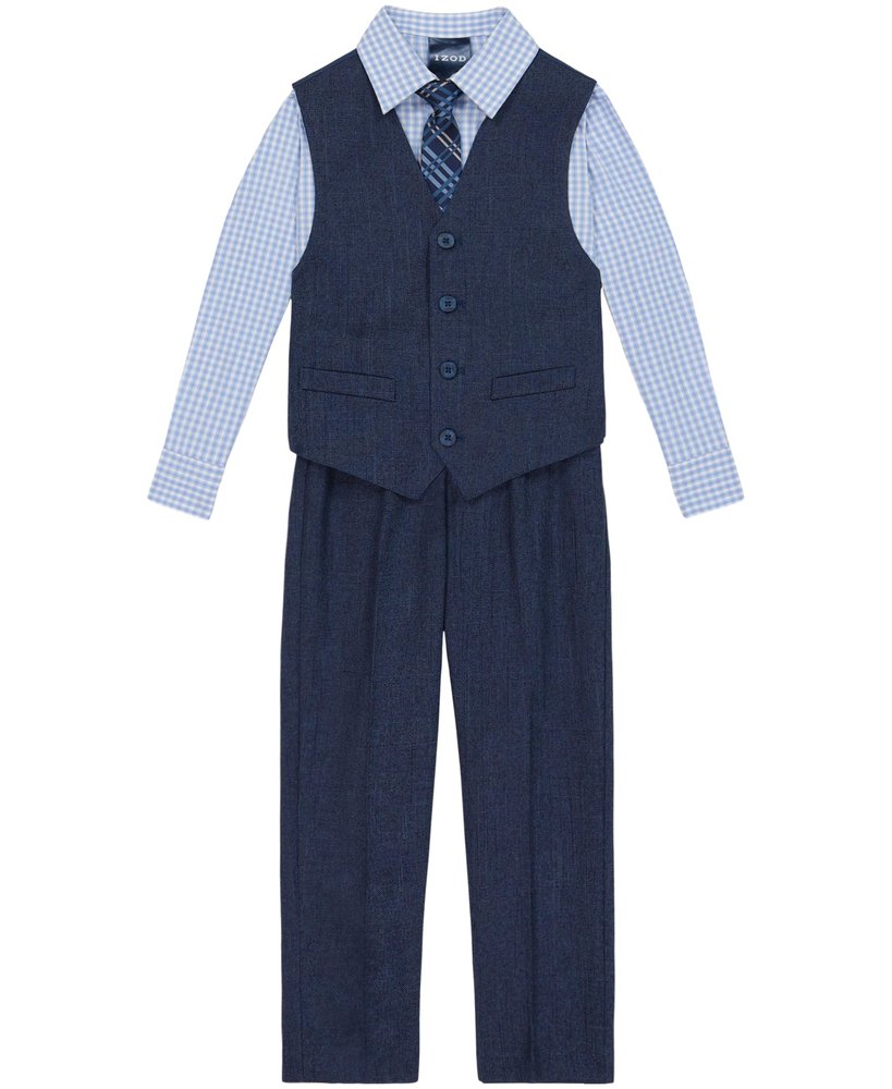 Izod Boys 4-Piece Set with Collared Dress Shirt, Tie, Vest, and Pants Business Suit, Tanzanite, 5 US