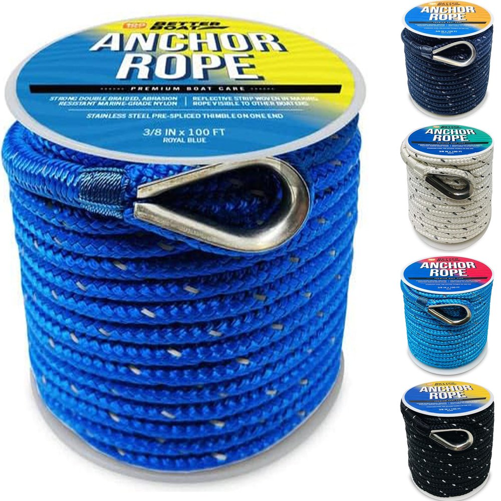 Better Boat Premium Anchor Rope, 100 Ft Double Braided White Nylon Marine Line, Reflective 3/8 Inch Reel for Anchors and Boats - Royal Blue