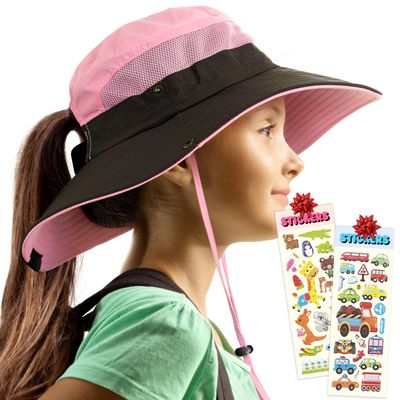 GearTOP Kids Sun Hat, Wide Brim Hat for Boys and Girls, UPF 50+, Ponytail Hole, Light Pink, Adjustable, Age 5-13, Outdoor Activities