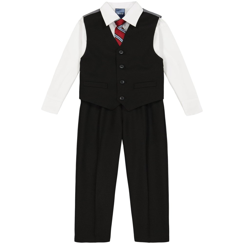 Izod Boys 4-Piece Set with Collared Dress Shirt, Tie, Vest, and Pants Business Suit, Black/Red, 10 US