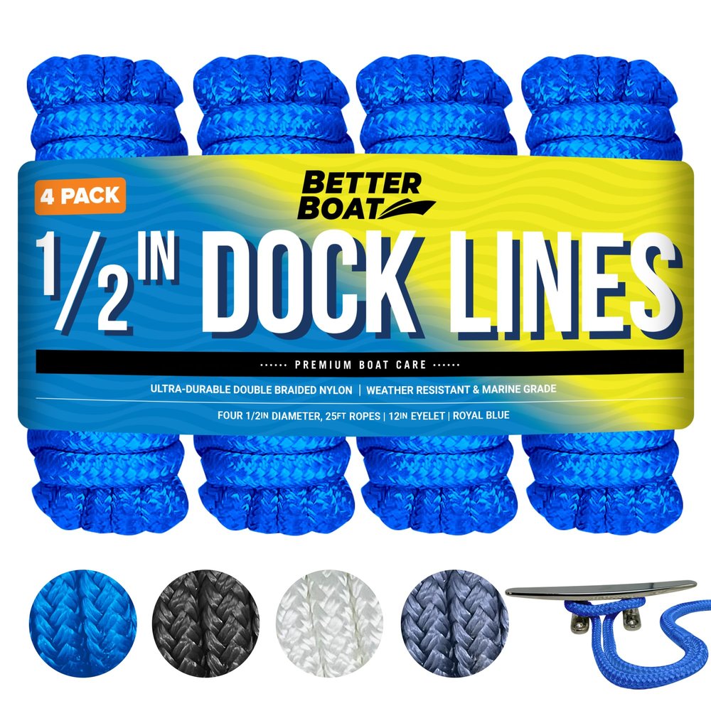 Boat Dock Lines, 1/2 Inch Braided Nylon Rope, 25 ft Mooring Marine Docking Lines with Loop, Royal Blue, 4 Pack