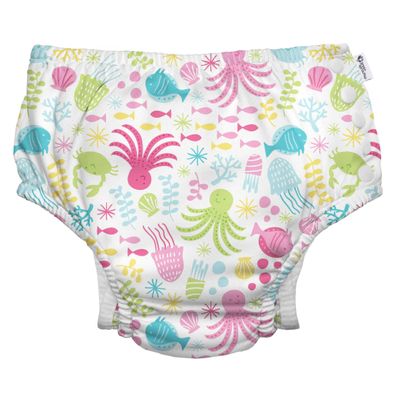 i play. by green sprouts Reusable, Eco Snap Swim Diaper with Gussets, UPF 50, Patented Design, STANDARD 100 by OEKO-TEX Certified - White Sea Pals, 12 mo