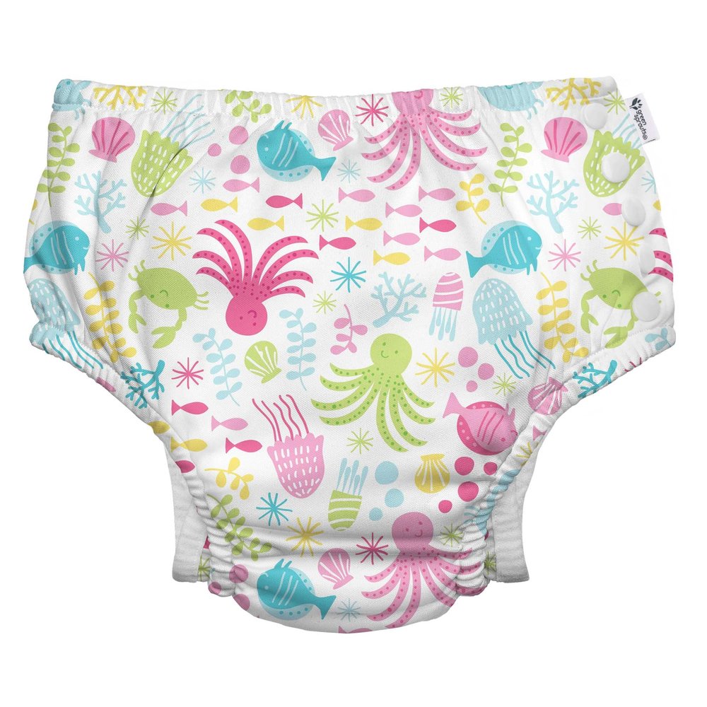 i play. by green sprouts Reusable, Eco Snap Swim Diaper with Gussets, UPF 50, Patented Design, STANDARD 100 by OEKO-TEX Certified - White Sea Pals, 12 mo