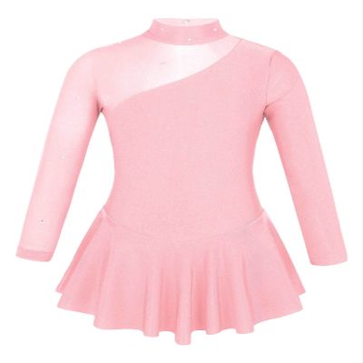 JEATHA Kids Girls Rhinestone Mesh Splice Figure Ice Skating Ballet Dance Gymnastics Leotard Dress Dancewear Pearl Pink D 8