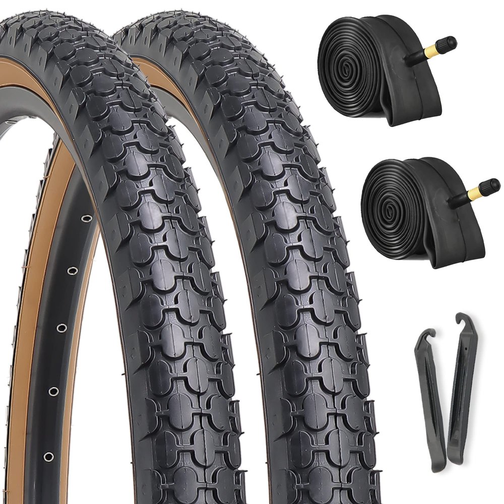 2-Pack Cruiser Bike Tires Set: Hycline 26x2.125 inch Folding Replacement Puncture-Resistant Bicycle Tires and Pair 26-inch Inner Tubes with Tire Levers for Beach or Urban City Commuter Bike-Brown
