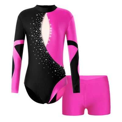 Freebily Kids Girls Shiny Rhinestone Long Sleeve Gymnastic Leotard with Sports Shorts Ballet Dance Outfit Tracksuit Dancewear Rose 6 Years