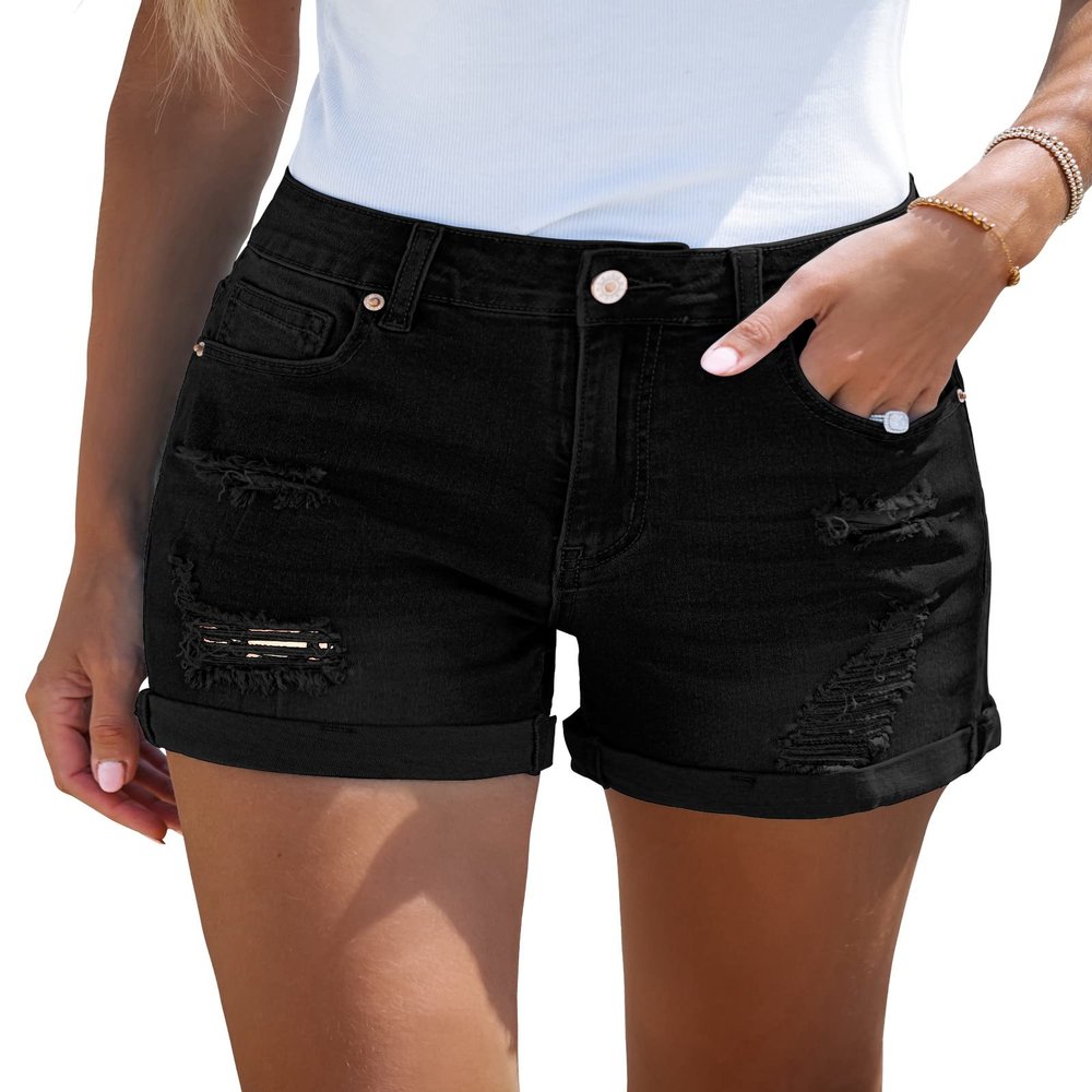 LookbookStore Women Summer High Waisted Sewn Cuffed Hem Buttons Denim Jean Shorts Warm Onyx Black Size S
