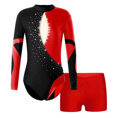 Freebily Kids Girls Shiny Rhinestone Long Sleeve Gymnastic Leotard with Sports Shorts Ballet Dance Outfit Tracksuit Dancewear Red 10 Years