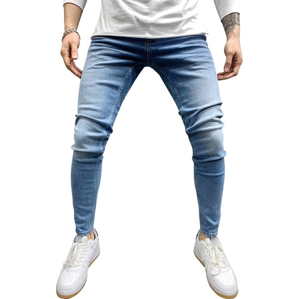 JEsilunmaMY Men's Stretch Skinny Jeans Casual Mid Waist Washed Pencil Jean Pants Distressed Slimming Tapered Denim Trousers (Light Blue,XX-Large)