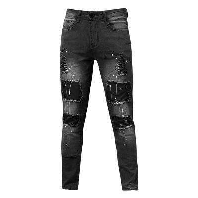 JEsilunmaMY Men's Skinny Tapered Jeans Mid Waist Patch Ripped Stretch Pencil Jean Pants Distressed Slimming Denim Trousers (Black,Small)