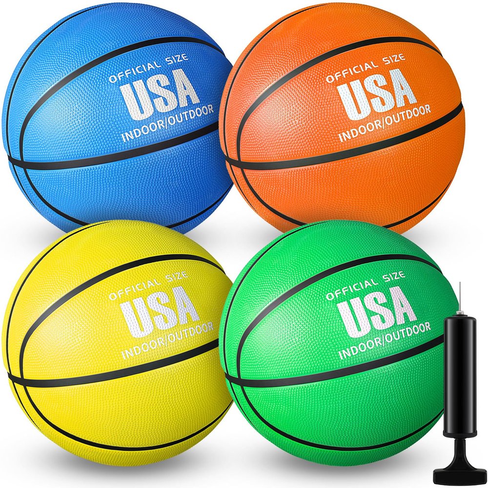 Libima 4 Pack Official Rubber Basketball Bulk Outdoor Indoor Streetball Practice Training with Pump for Adult Youth Kids Women Men Sport Back to School Gift(Size 5,Yellow, Green, Blue, Orange)