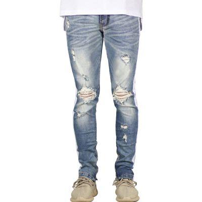 JEsilunmaMY Men's Striped Skinny Jeans Mid Waist Distressed Ripped Pencil Jean Pants Slim Fit Destroyed Washed Denim Trousers (Blue,29)