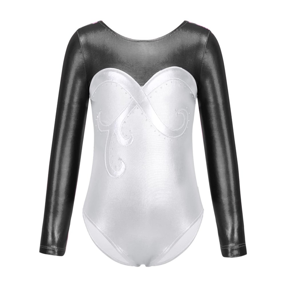 CHICTRY Kids Girls Shiny Rhinestones Long Sleeve Metallic Gymnastics Costume Ballet Dance Leotard Silver 6 Years