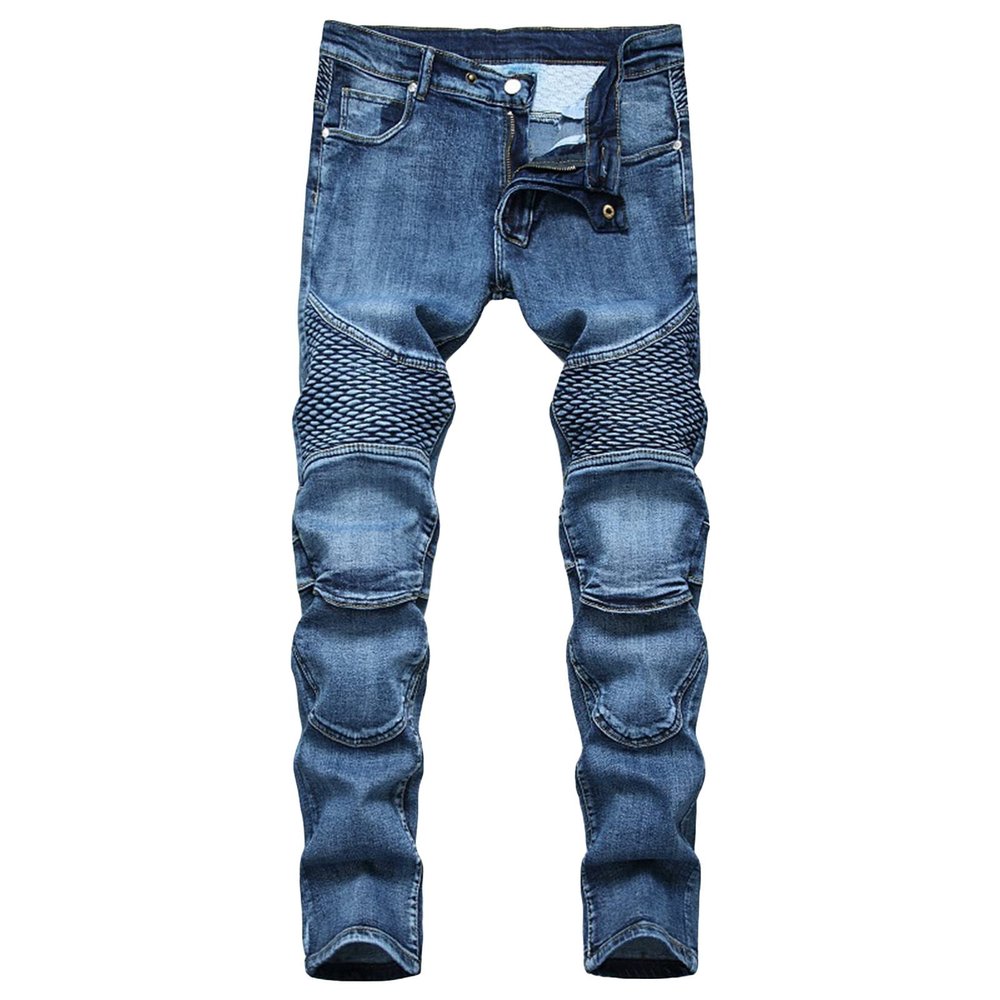 JEsilunmaMY Men's Retro Biker Jeans Casual Mid Waist Distressed Washed Denim Pants Slim Fit Stretch Skinny Straight Leg Jeans (Blue,32)