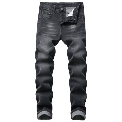 Men's Stretch Straight Leg Jeans Mid Waist Slim Fit Washed Denim Pants Vintage Distressed Skinny Jean Trousers (Black,34)