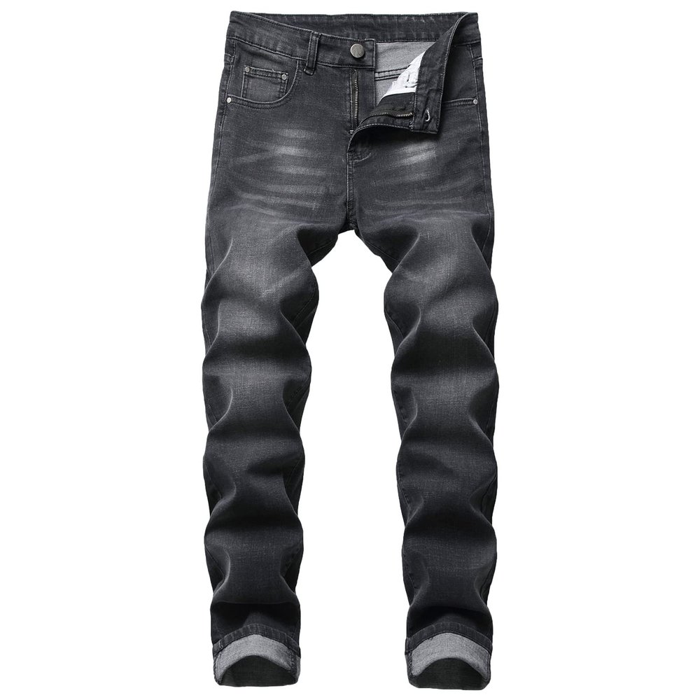 Men's Stretch Straight Leg Jeans Mid Waist Slim Fit Washed Denim Pants Vintage Distressed Skinny Jean Trousers (Black,34)