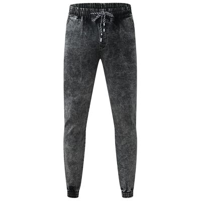 JEsilunmaMY Mens Stretch Pencil Jeans Drawstring Elastic Waist Casual Denim Pants Retro Slim Fit Distressed Skinny Jean Pants (Grey,Medium)