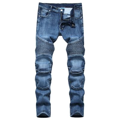 JEsilunmaMY Men's Retro Biker Jeans Casual Mid Waist Distressed Washed Denim Pants Slim Fit Stretch Skinny Straight Leg Jeans (Blue,34)
