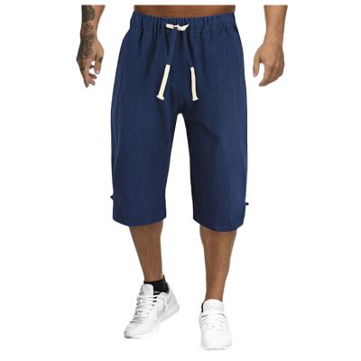 Mens Cotton Linen Wide Leg Capri Yoga Beach Pants Casual Drawstring Shorts Summer Lightweight Elastic Waist Baggy Harem Pants Navy