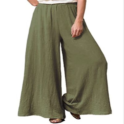 Hisanny Womens Plus Size Linen Pants Wide Leg Palazzo Trousers High Elastic Waist Flowy Culottes with Pockets Army Green 3X-Large