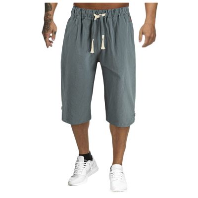 Mens Cotton Linen Wide Leg Capri Yoga Beach Pants Casual Drawstring Shorts Summer Lightweight Elastic Waist Baggy Harem Pants Army Green
