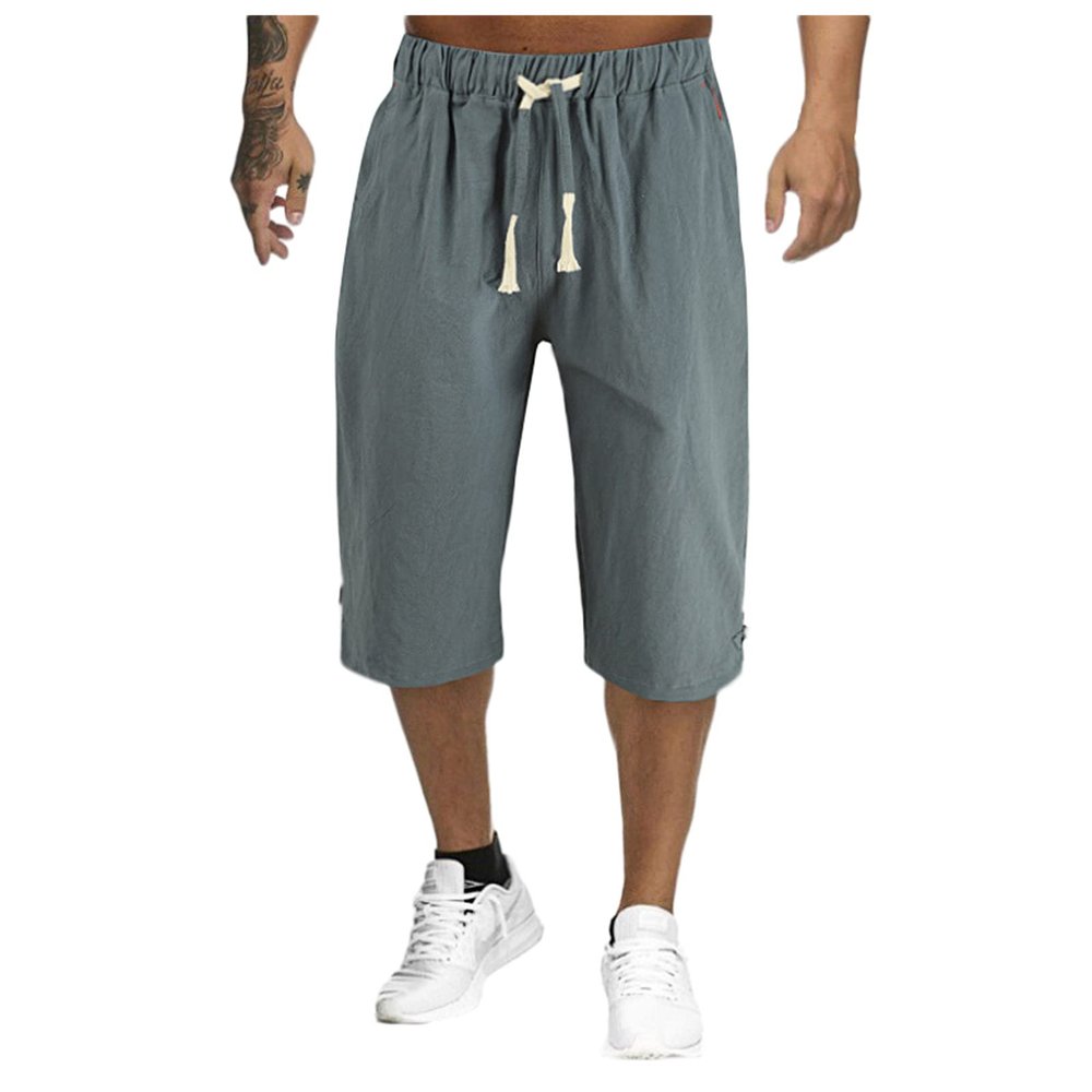 Mens Cotton Linen Wide Leg Capri Yoga Beach Pants Casual Drawstring Shorts Summer Lightweight Elastic Waist Baggy Harem Pants Army Green