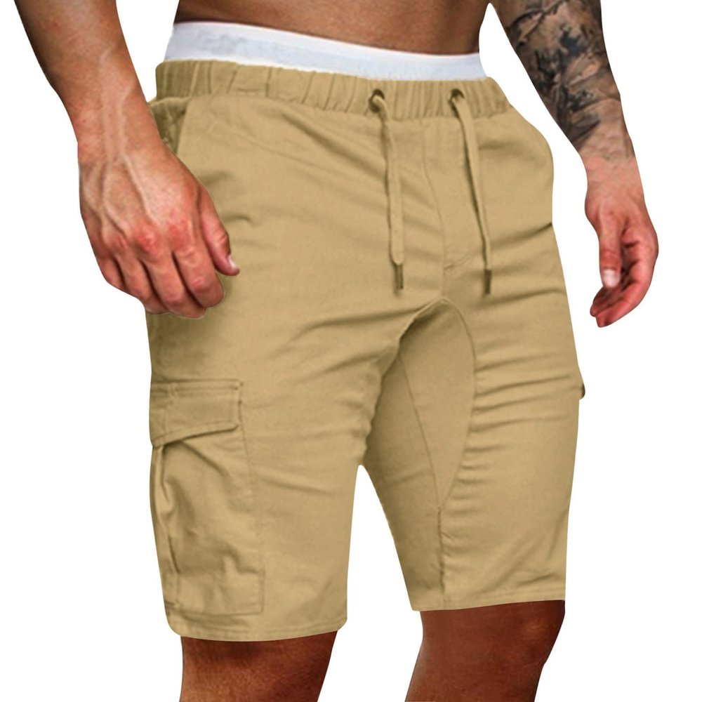 Mens Slim-Fit 11" Cargo Shorts Summer Casual Cotton Tactical Pants Elastic Waistband Workout Outdoor Hiking Muscle Shorts Khaki