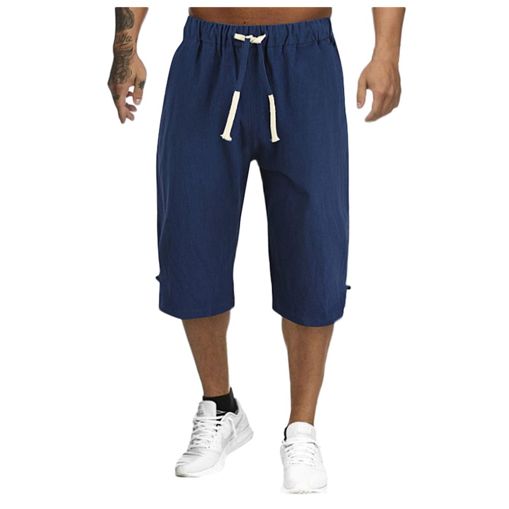 Mens Cotton Linen Wide Leg Capri Yoga Beach Pants Casual Drawstring Shorts Summer Lightweight Elastic Waist Baggy Harem Pants Navy
