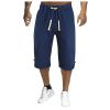 Mens Cotton Linen Wide Leg Capri Yoga Beach Pants Casual Drawstring Shorts Summer Lightweight Elastic Waist Baggy Harem Pants Navy view 1