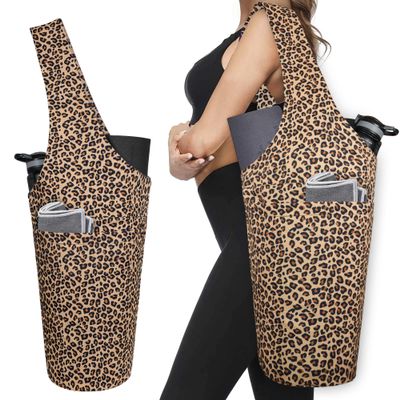 Leopard Print Yoga Mat Carrier - Long Tote with Pockets - Holds More Accessories - Fits Most Size Mats