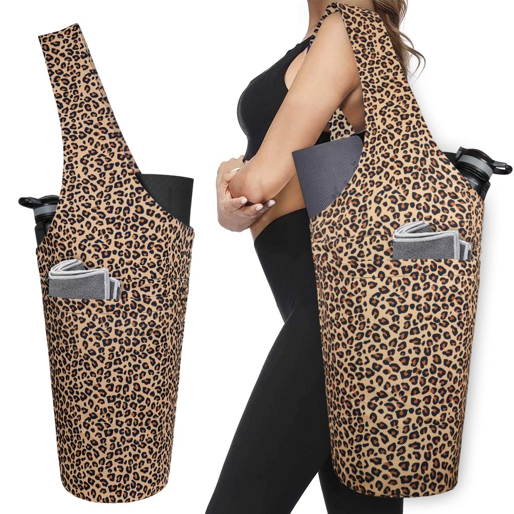 Leopard Print Yoga Mat Carrier - Long Tote with Pockets - Holds More Accessories - Fits Most Size Mats