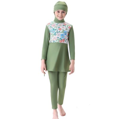 Muslim Swimsuits for Girls Butterfly Flower Printed Top + Pants Full Coverage Swimwear Modest Islamic Hijab Cap Long Sleeve Beachwear Swimming Round Neck Burkini Bathing Suit Green 7-8 Years