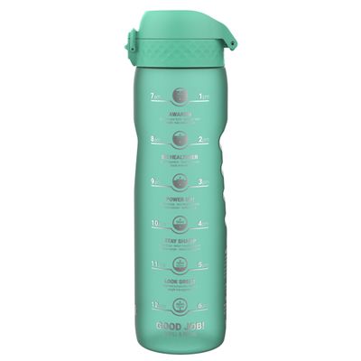 Ion8 1 Litre Water Bottle with Times to Drink, Leak Proof, Flip Lid, Carry Handle, Dishwasher Safe, BPA Free, Soft Touch Contoured Grip, Ideal for Gym, Health and Fitness, 32 oz, Teal