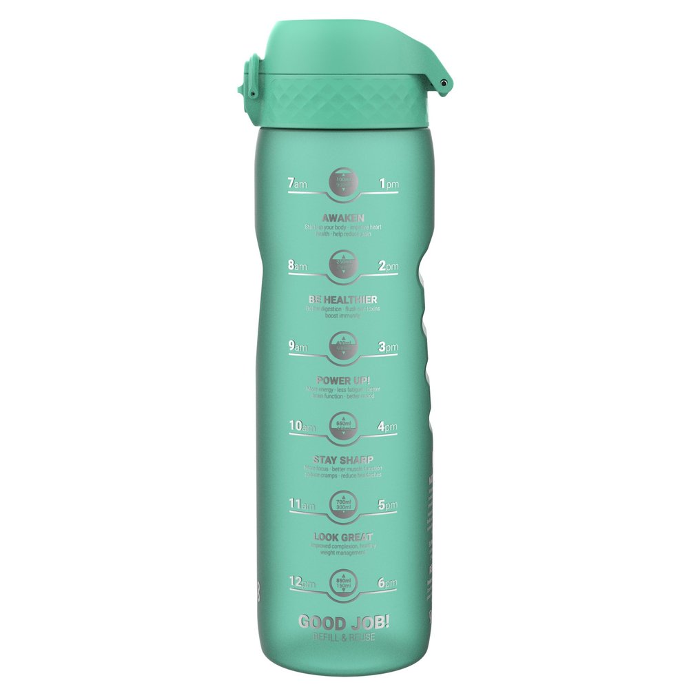 Ion8 1 Litre Water Bottle with Times to Drink, Leak Proof, Flip Lid, Carry Handle, Dishwasher Safe, BPA Free, Soft Touch Contoured Grip, Ideal for Gym, Health and Fitness, 32 oz, Teal