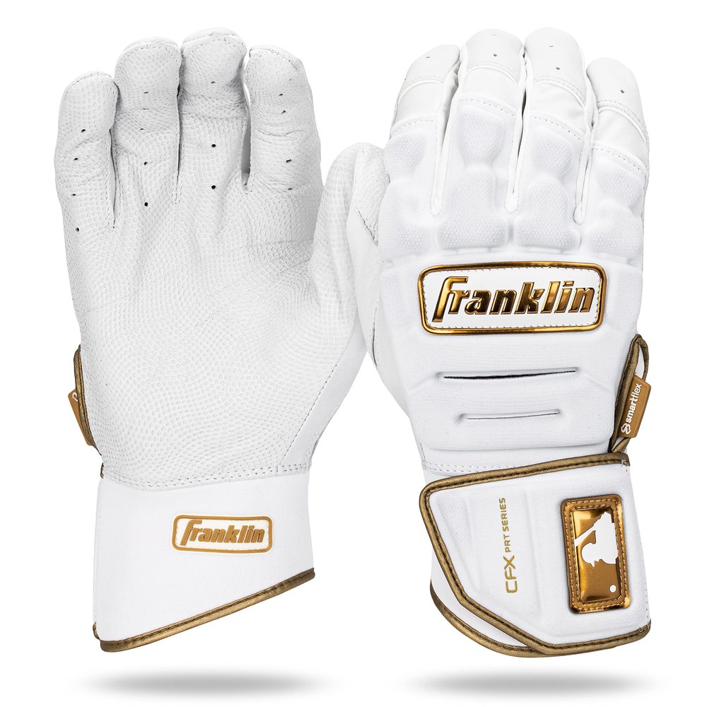 Franklin Sports MLB Batting Gloves - CFX Pro PRT Heavy Duty Protective Baseball + Softball Batting Gloves - Adult Padded Reinforced Leather - Adult Small - White + Gold