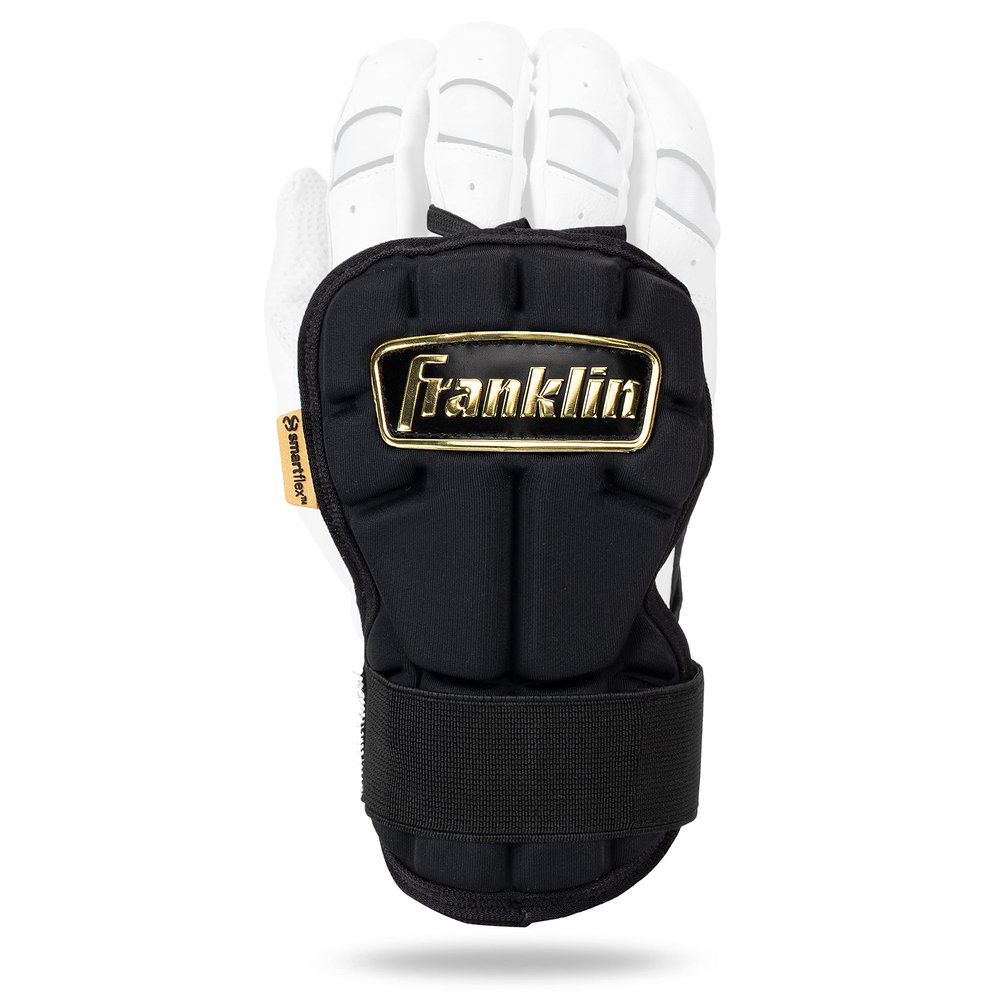 Franklin Sports Baseball Hand + Wrist Guard - PRT LG Series Adult Hand + Wrist Protector for Batting - Protective Shield - Righty + Lefty Hitters - Black + Gold - One Size - Adult