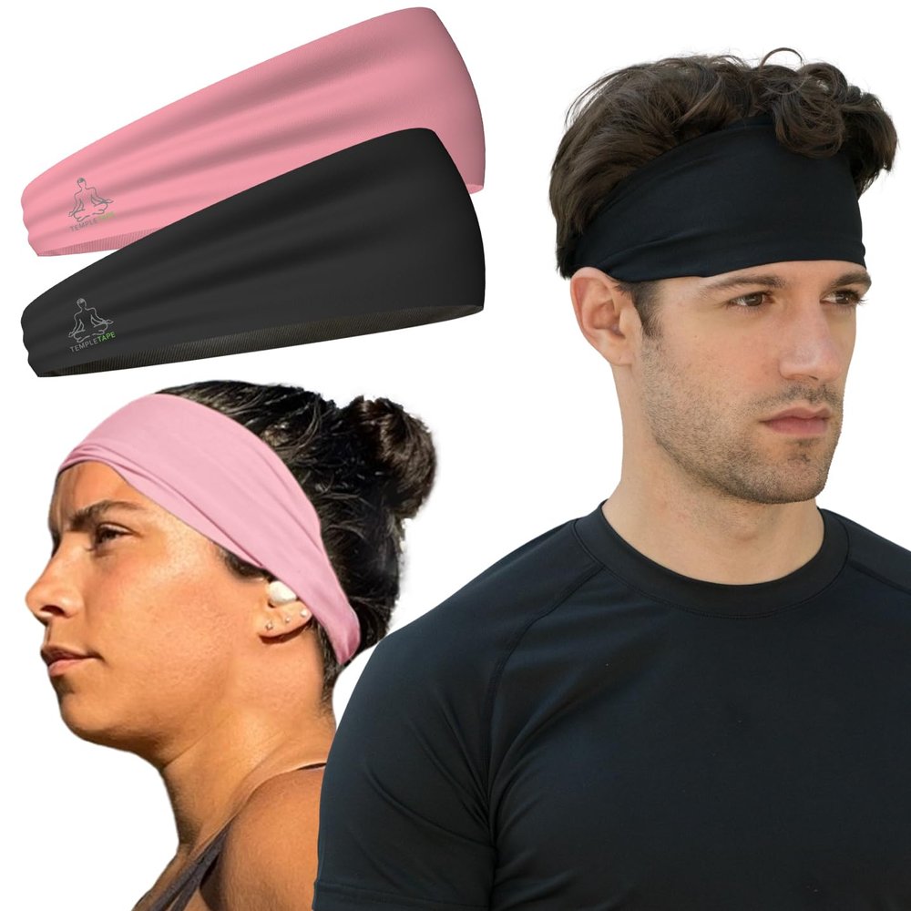 Temple Tape, Value 2-Pack, Mens Headband - Guys Sports Headbands Moisture Wicking Workout Sweatbands for Running, Cross Training, Skiing and Bike Helmet Friendly - 1-Black & 1-Pink Sweatband