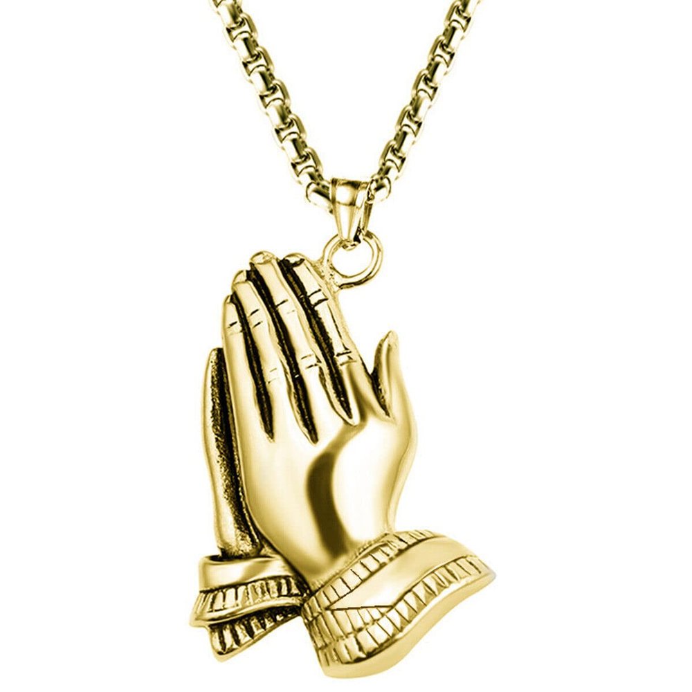 14K Gold Plated Prayer Praying Hand Charm Pendant Stainless Steel Chain Necklace Style FRTRG-397
