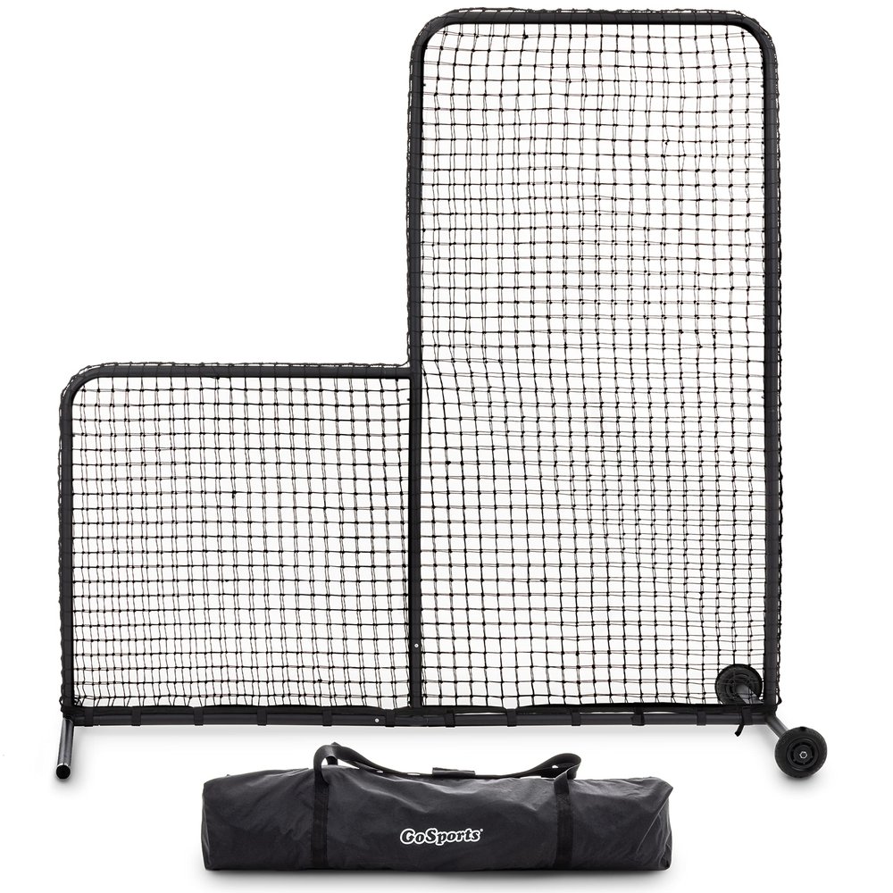 GoSports 7 ft x 7 ft PRO Baseball & Softball L Screen - Pitcher Protection Net with Wheels and Carrying Case