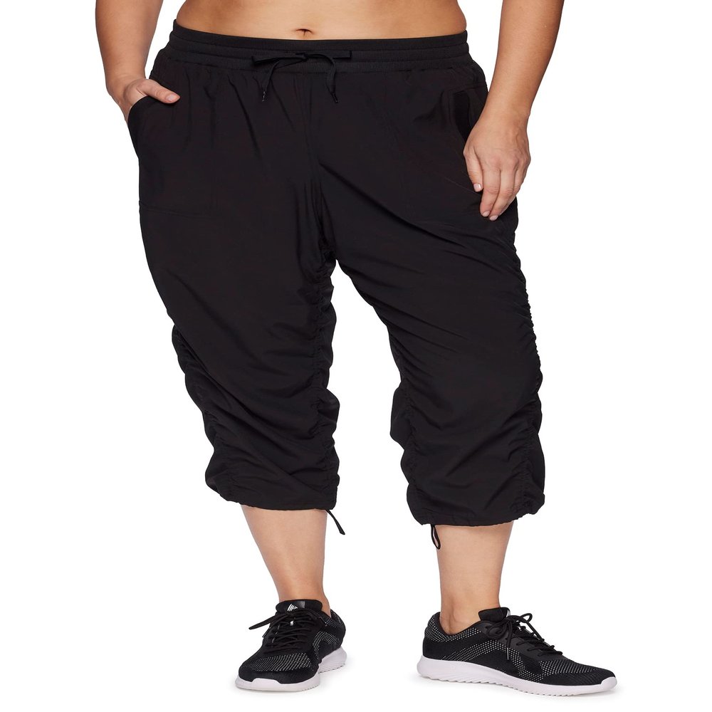 RBX Women's Plus Size Woven Lightweight Drawstring Capri Pant Jet Black 1X