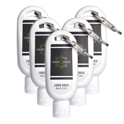 Cheer Chalk Liquid Chalk - Chalk for Elite Cheerleading - Chalk for Stunting - Chalk for Gymnastics - 50ml Bottle with Carabiner - 50 Practices Per Bottle - Maximum Grip for Safer Stunting (5 Pack)