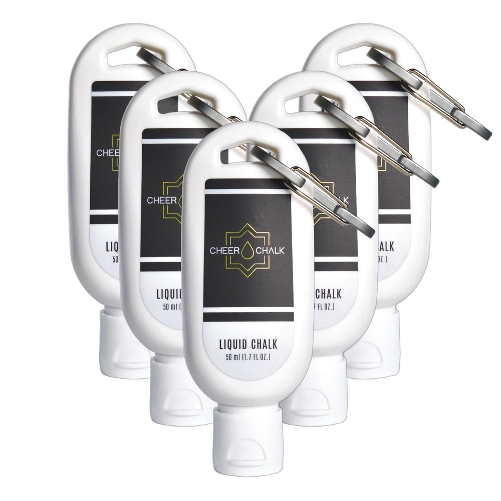 Cheer Chalk Liquid Chalk - Chalk for Elite Cheerleading - Chalk for Stunting - Chalk for Gymnastics - 50ml Bottle with Carabiner - 50 Practices Per Bottle - Maximum Grip for Safer Stunting (5 Pack)