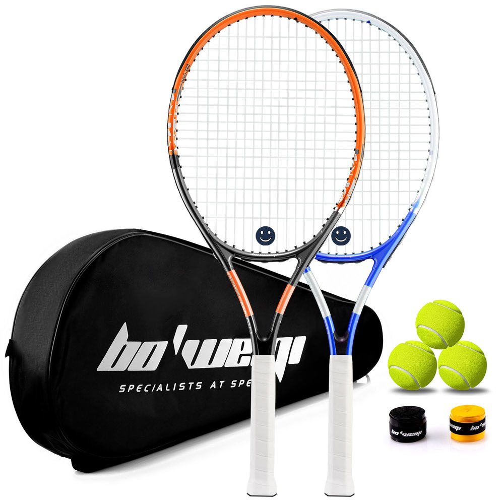 bo'weiqi 27" Adults Tennis Racket Set 2 Players Lightweight Durable Strings Tennis Racquets for Beginner/Intermediate Players Easy Carry(Blue and Orange)