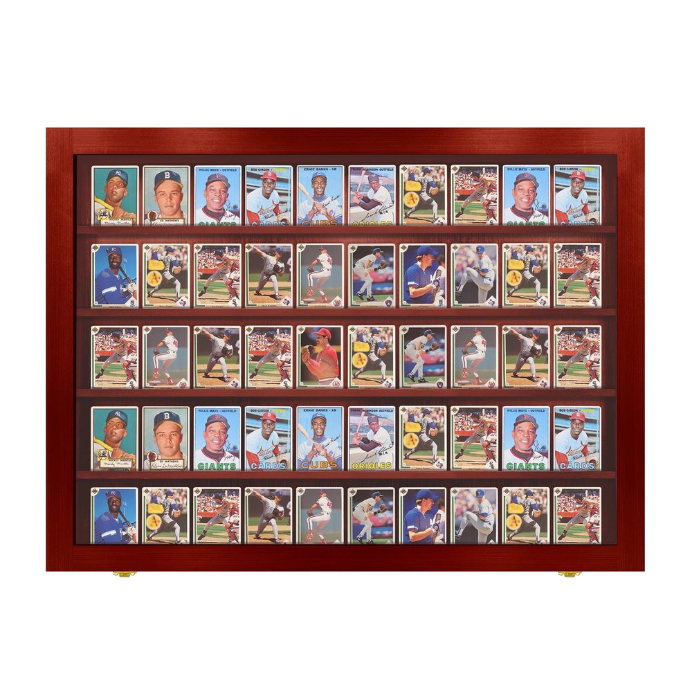 PENNZONI Baseball Card Display Case - Sports Card Display Frame Lockable - 50 Ungraded Cards Case with UV Protection, Card Display for Football & Basketball | Trading Card Display, Cherry