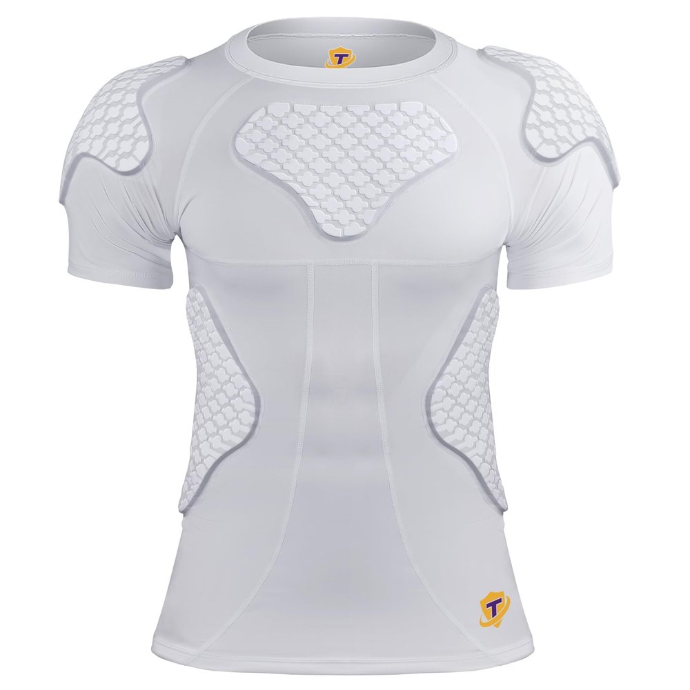 TUOY Men's Padded Compression Shirt Protective Shirt Rib Chest Protector for Football Paintball Baseball White