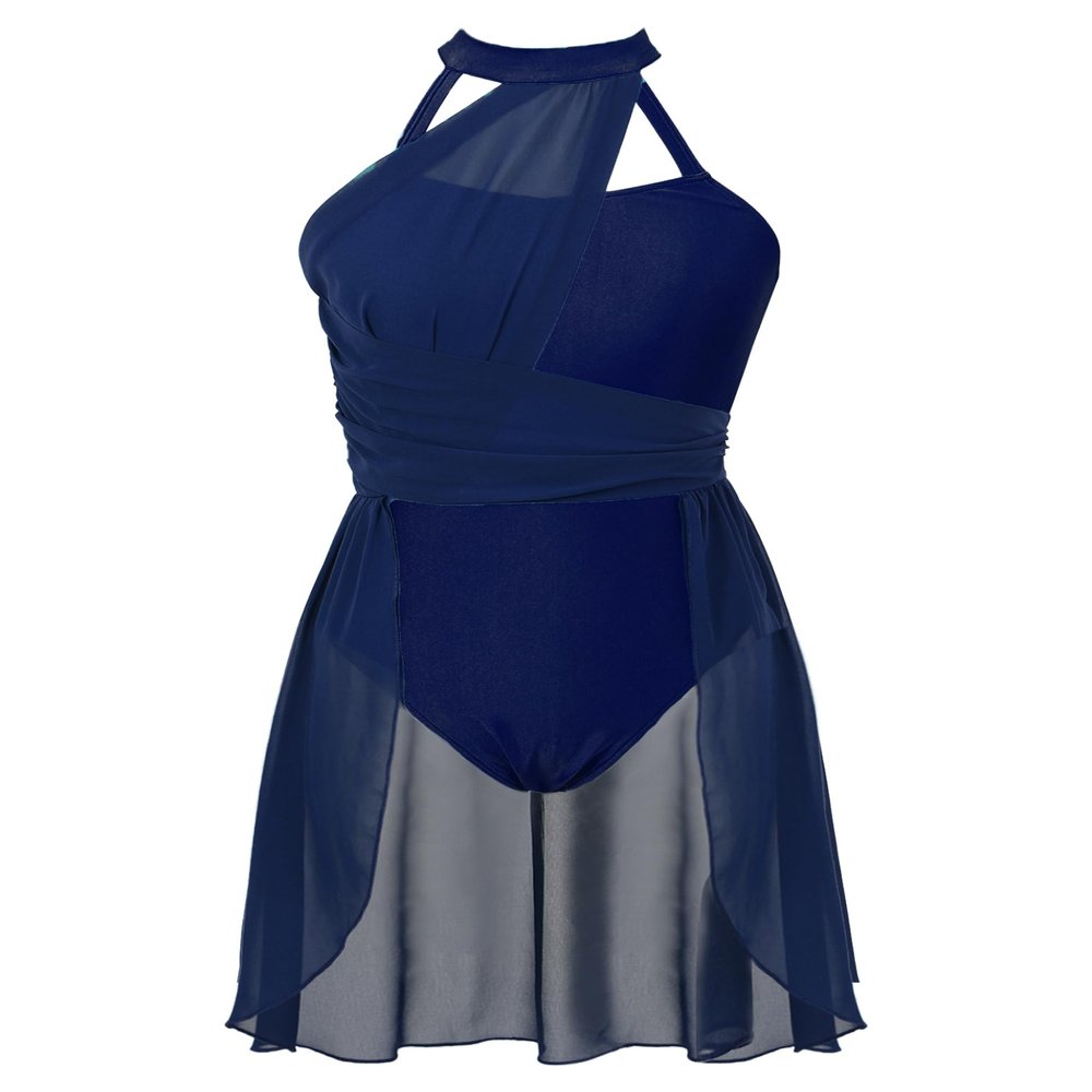 Jizyo Women's Lyrical Dance Costume Sleeveless Sheer Mesh Leotard Dress Modern Contemporary Ballet Dancewear Navy_Blue Large