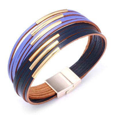 COLORFUL BLING Handmade Multi-Layer Leather Bracelet Braided Metal Stackable Cuff Bangle for Women Layered Wristband Armband Jewelry-purple blue