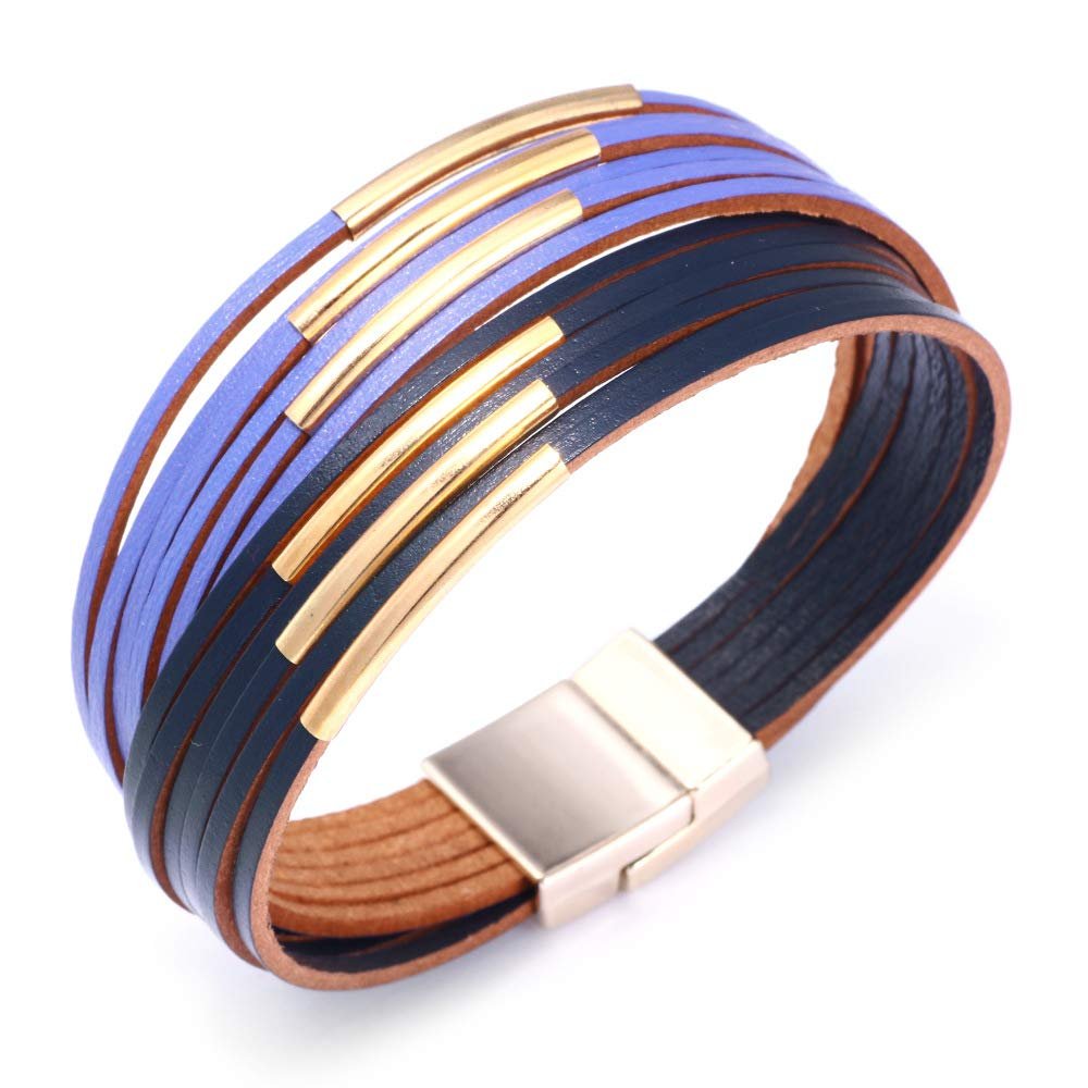 COLORFUL BLING Handmade Multi-Layer Leather Bracelet Braided Metal Stackable Cuff Bangle for Women Layered Wristband Armband Jewelry-purple blue