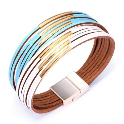 COLORFUL BLING Handmade Multi-Layer Leather Bracelet Braided Metal Stackable Cuff Bangle for Women Layered Wristband Armband Jewelry-blue white